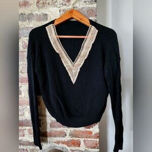 SHEIN Frenchy Gulpure Lace Insert Lantern Sleeve Top - Black - Women's M